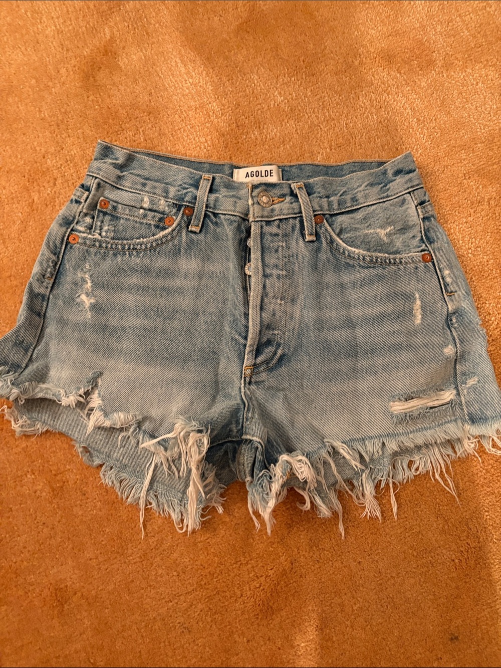 Agolde Light Wash Frayed Hem Denim Shorts